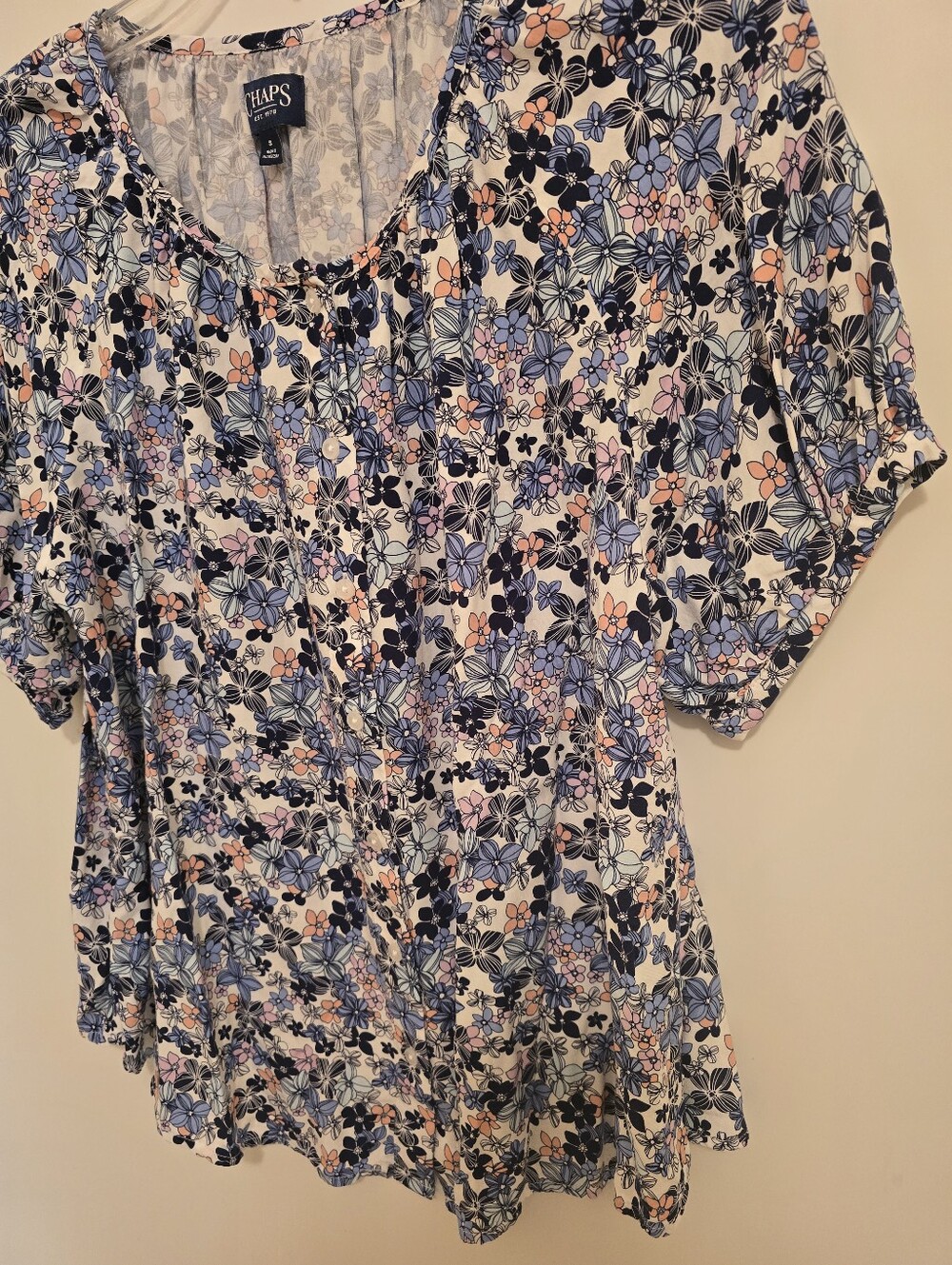 Chaps Floral Short Sleeve Lightweight Button Down Blouse in Blue and Pink - Picture 5 of 5